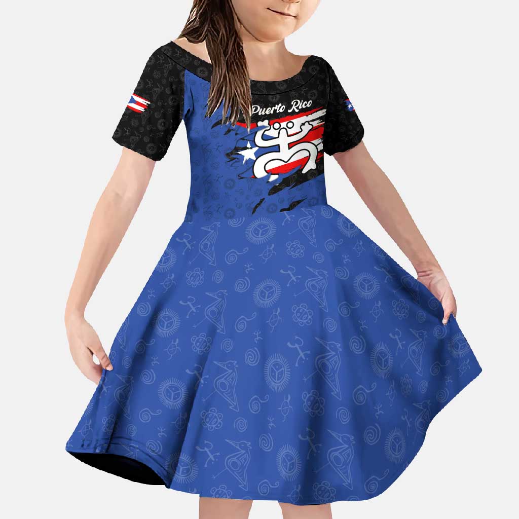 Puerto Rico Family Matching Long Sleeve Bodycon Dress and Hawaiian Shirt with Coqui Frog Symbol and Distressed Flag Design