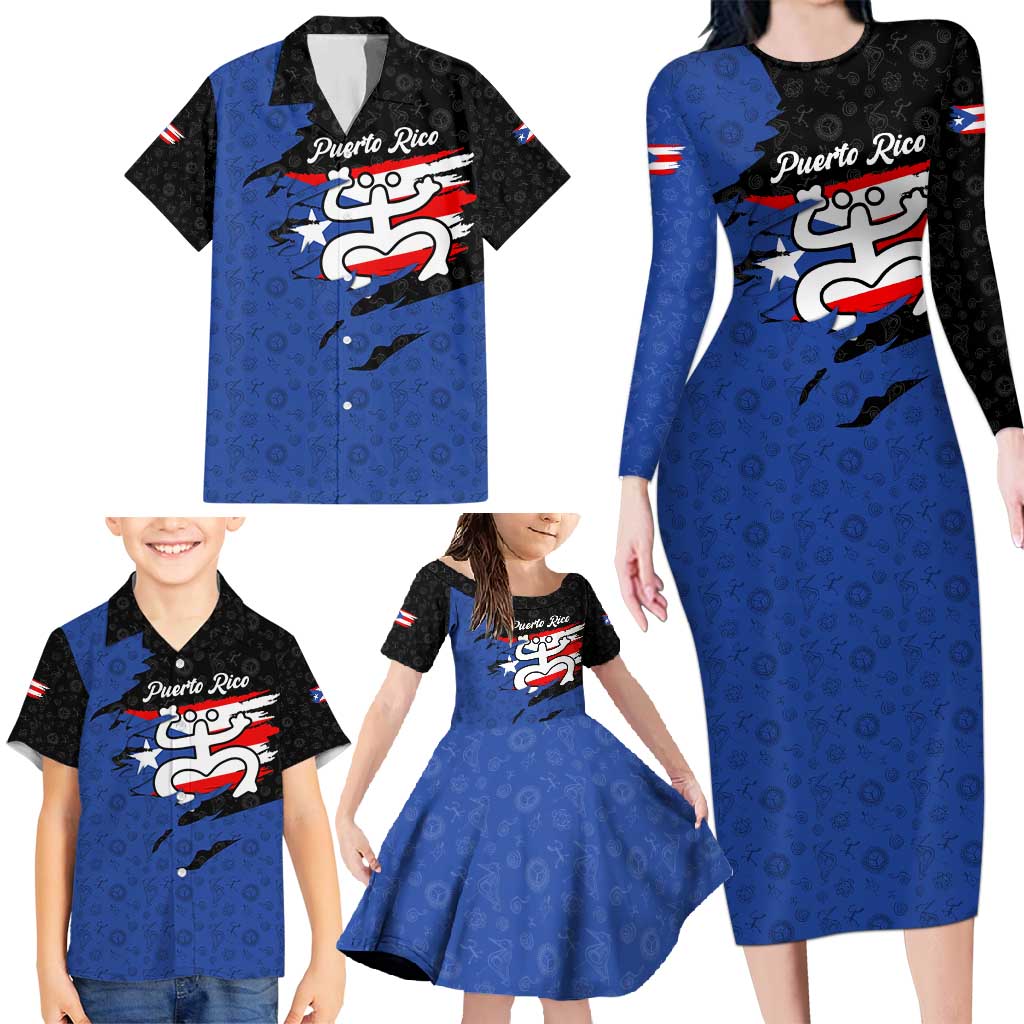 Puerto Rico Family Matching Long Sleeve Bodycon Dress and Hawaiian Shirt with Coqui Frog Symbol and Distressed Flag Design