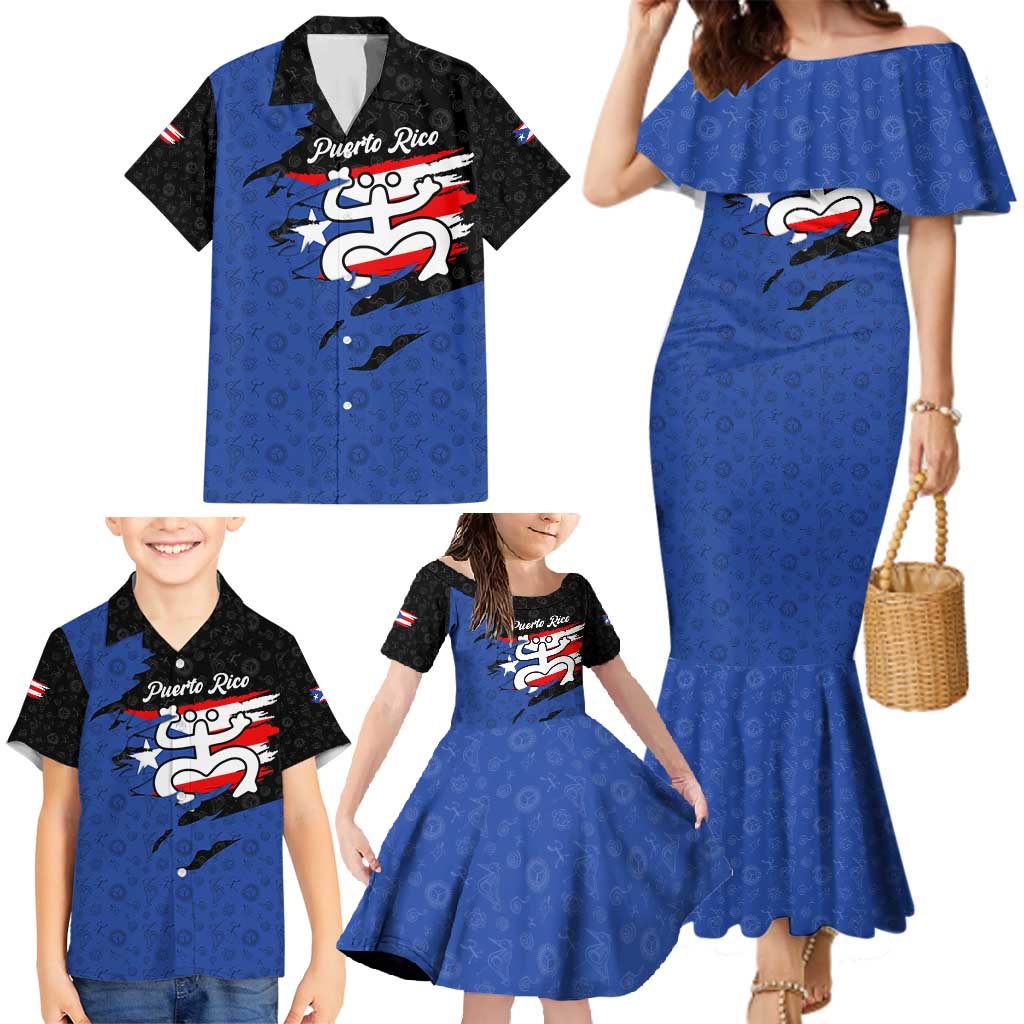 Puerto Rico Family Matching Mermaid Dress and Hawaiian Shirt with Coqui Frog Symbol and Distressed Flag Design
