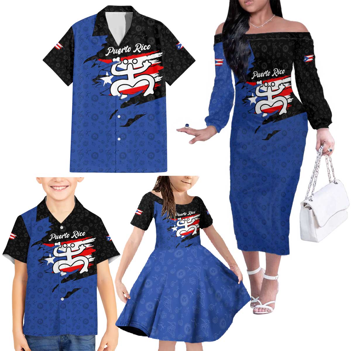 Puerto Rico Family Matching Off The Shoulder Long Sleeve Dress and Hawaiian Shirt with Coqui Frog Symbol and Distressed Flag Design