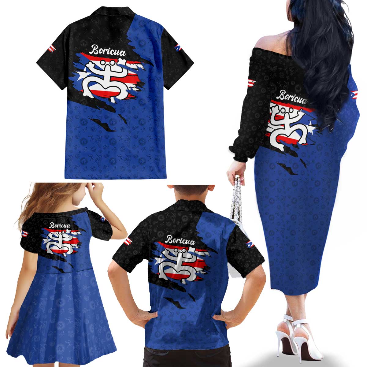 Puerto Rico Family Matching Off The Shoulder Long Sleeve Dress and Hawaiian Shirt with Coqui Frog Symbol and Distressed Flag Design