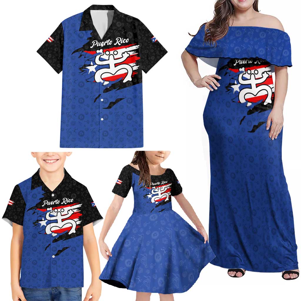 Puerto Rico Family Matching Off Shoulder Maxi Dress and Hawaiian Shirt with Coqui Frog Symbol and Distressed Flag Design