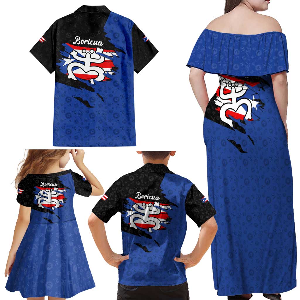 Puerto Rico Family Matching Off Shoulder Maxi Dress and Hawaiian Shirt with Coqui Frog Symbol and Distressed Flag Design