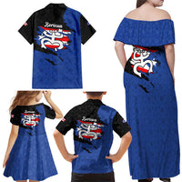 Puerto Rico Family Matching Off Shoulder Maxi Dress and Hawaiian Shirt with Coqui Frog Symbol and Distressed Flag Design