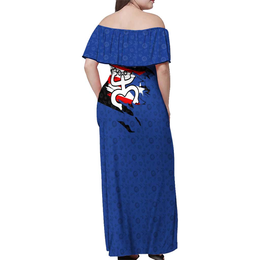 Puerto Rico Family Matching Off Shoulder Maxi Dress and Hawaiian Shirt with Coqui Frog Symbol and Distressed Flag Design