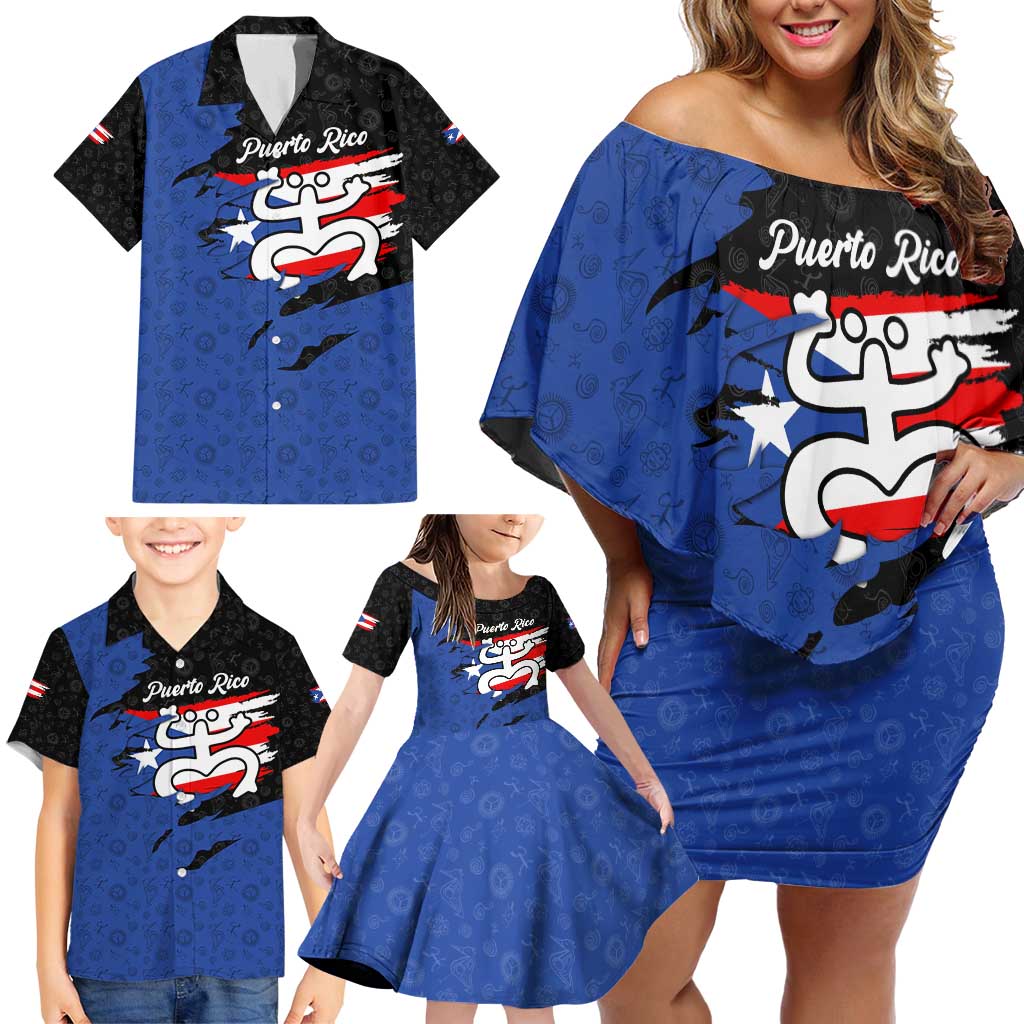 Puerto Rico Family Matching Off Shoulder Short Dress and Hawaiian Shirt with Coqui Frog Symbol and Distressed Flag Design
