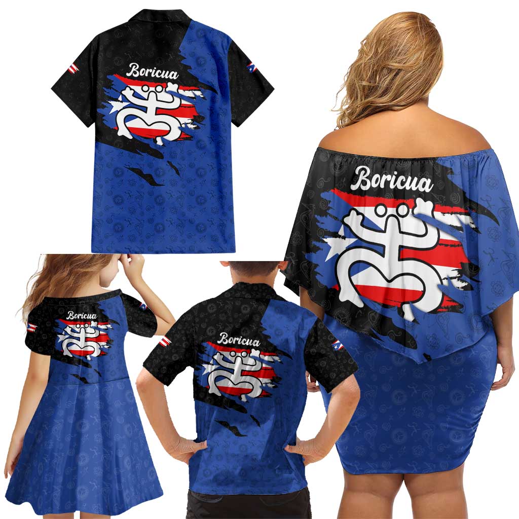 Puerto Rico Family Matching Off Shoulder Short Dress and Hawaiian Shirt with Coqui Frog Symbol and Distressed Flag Design