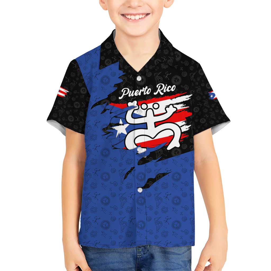 Puerto Rico Family Matching Off Shoulder Short Dress and Hawaiian Shirt with Coqui Frog Symbol and Distressed Flag Design