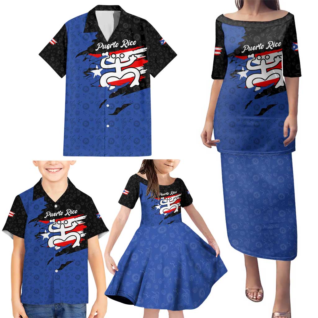 Puerto Rico Family Matching Puletasi and Hawaiian Shirt with Coqui Frog Symbol and Distressed Flag Design