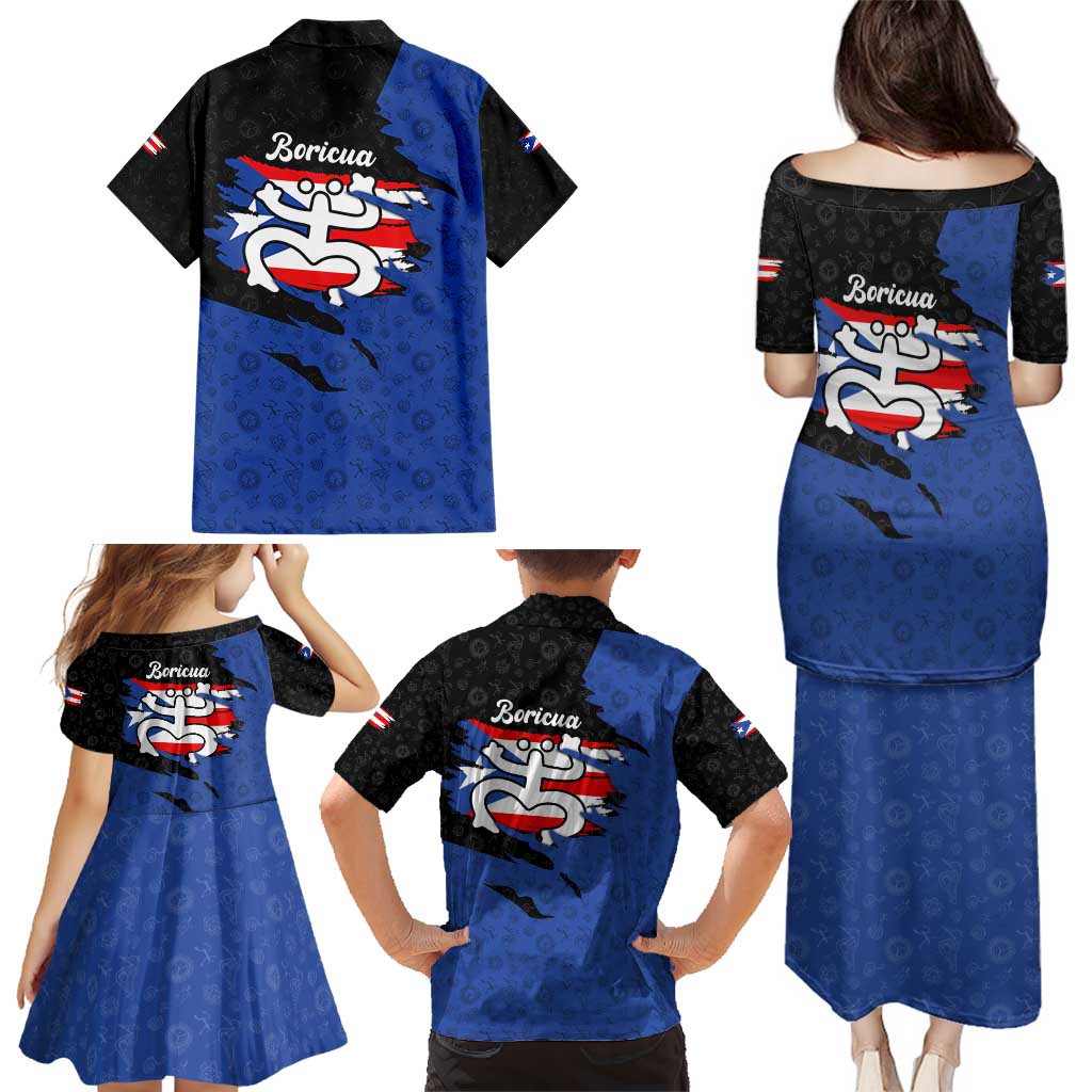 Puerto Rico Family Matching Puletasi and Hawaiian Shirt with Coqui Frog Symbol and Distressed Flag Design