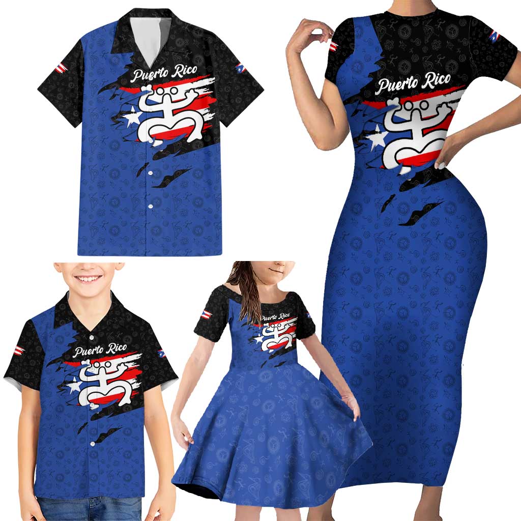 Puerto Rico Family Matching Short Sleeve Bodycon Dress and Hawaiian Shirt with Coqui Frog Symbol and Distressed Flag Design