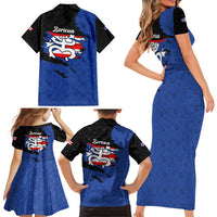 Puerto Rico Family Matching Short Sleeve Bodycon Dress and Hawaiian Shirt with Coqui Frog Symbol and Distressed Flag Design