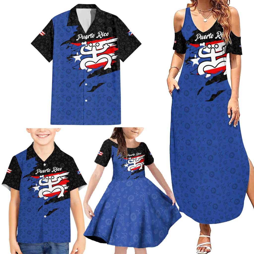 Puerto Rico Family Matching Summer Maxi Dress and Hawaiian Shirt with Coqui Frog Symbol and Distressed Flag Design