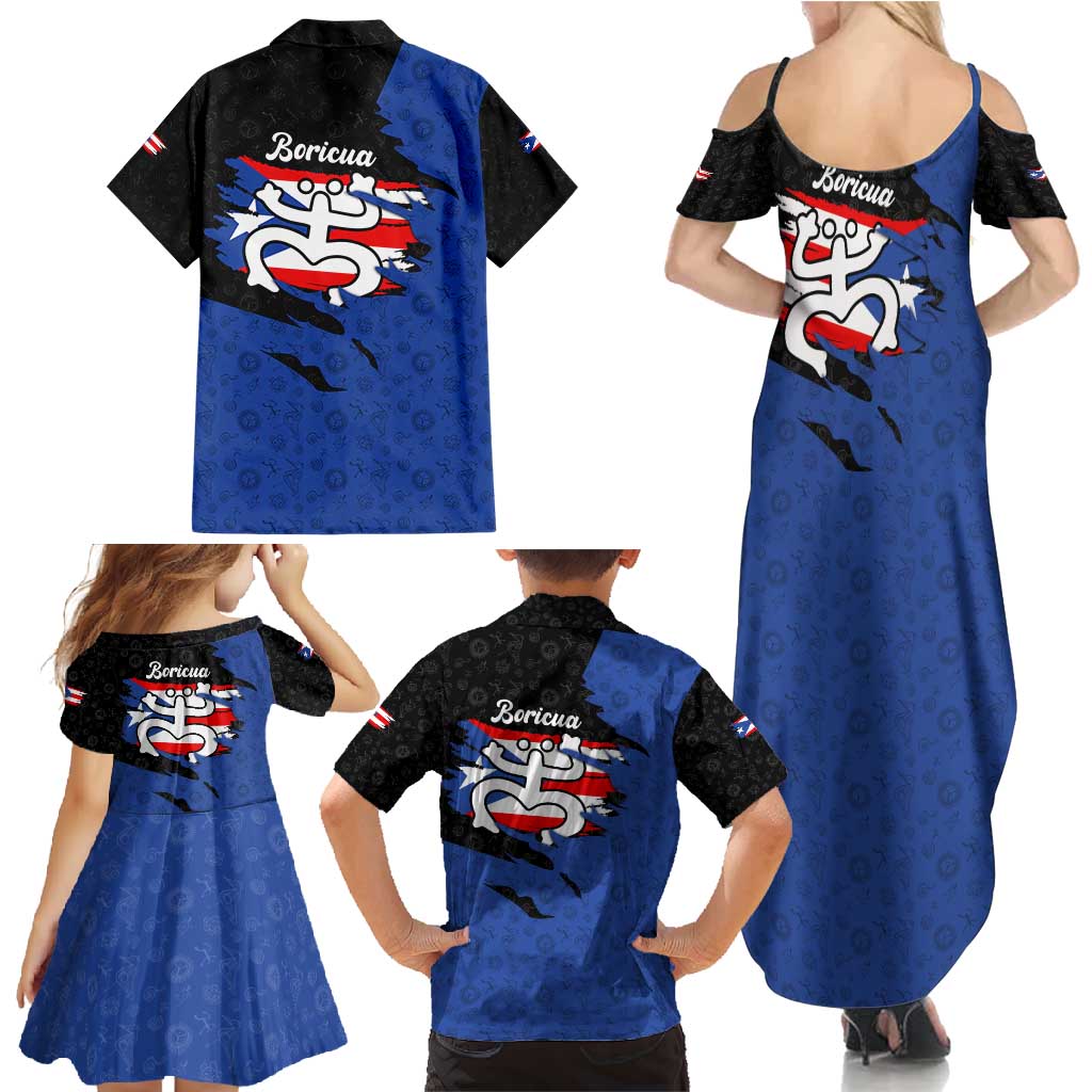Puerto Rico Family Matching Summer Maxi Dress and Hawaiian Shirt with Coqui Frog Symbol and Distressed Flag Design