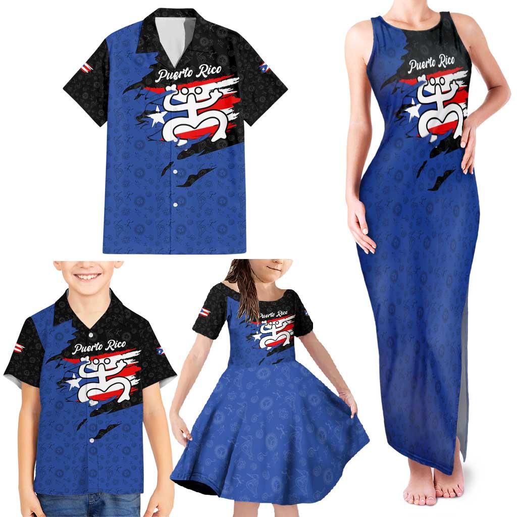 Puerto Rico Family Matching Tank Maxi Dress and Hawaiian Shirt with Coqui Frog Symbol and Distressed Flag Design