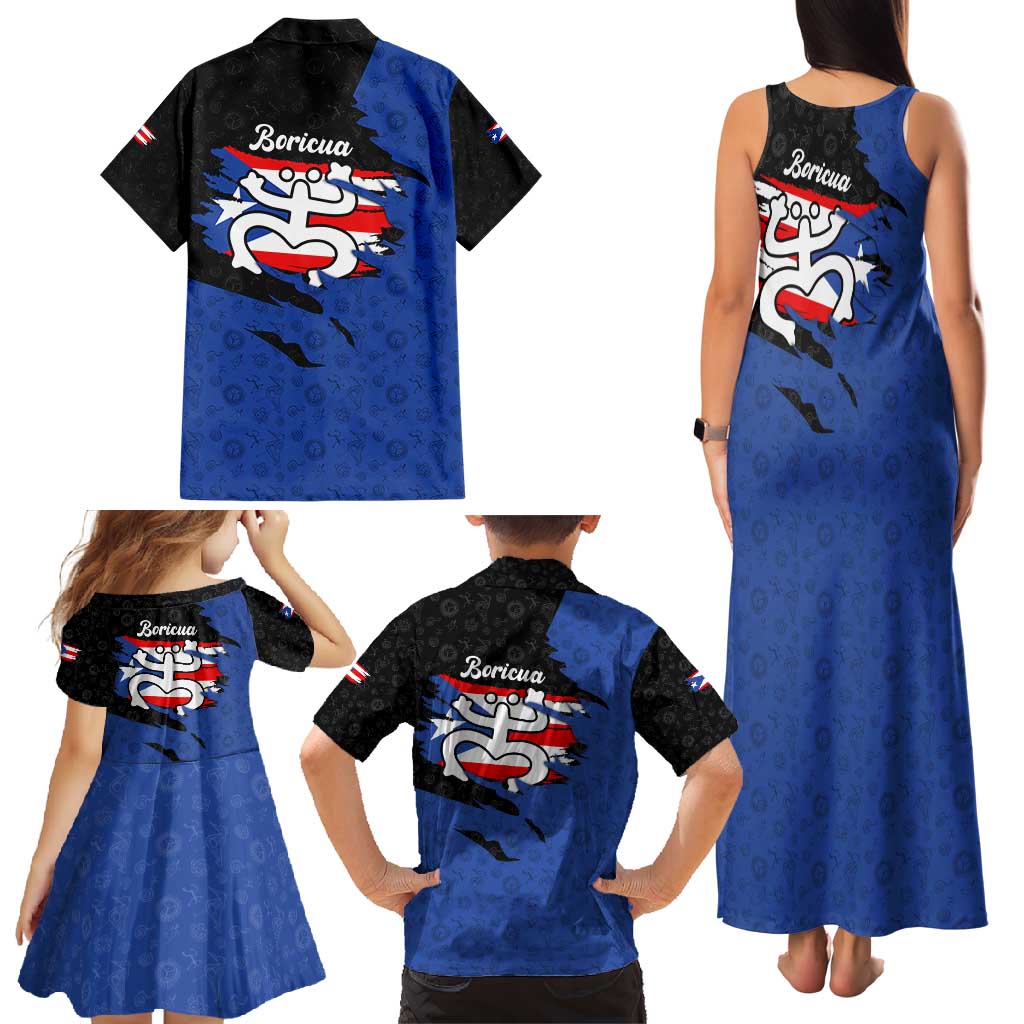 Puerto Rico Family Matching Tank Maxi Dress and Hawaiian Shirt with Coqui Frog Symbol and Distressed Flag Design