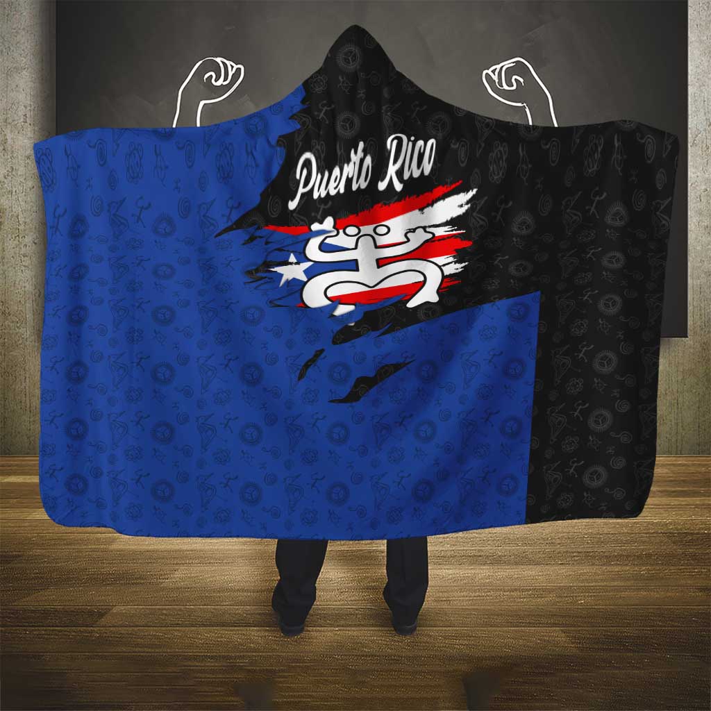 Puerto Rico Hooded Blanket with Coqui Frog Symbol and Distressed Flag Design