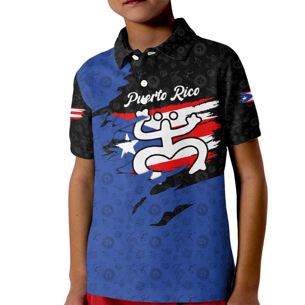 Puerto Rico Kid Polo Shirt with Coqui Frog Symbol and Distressed Flag Design
