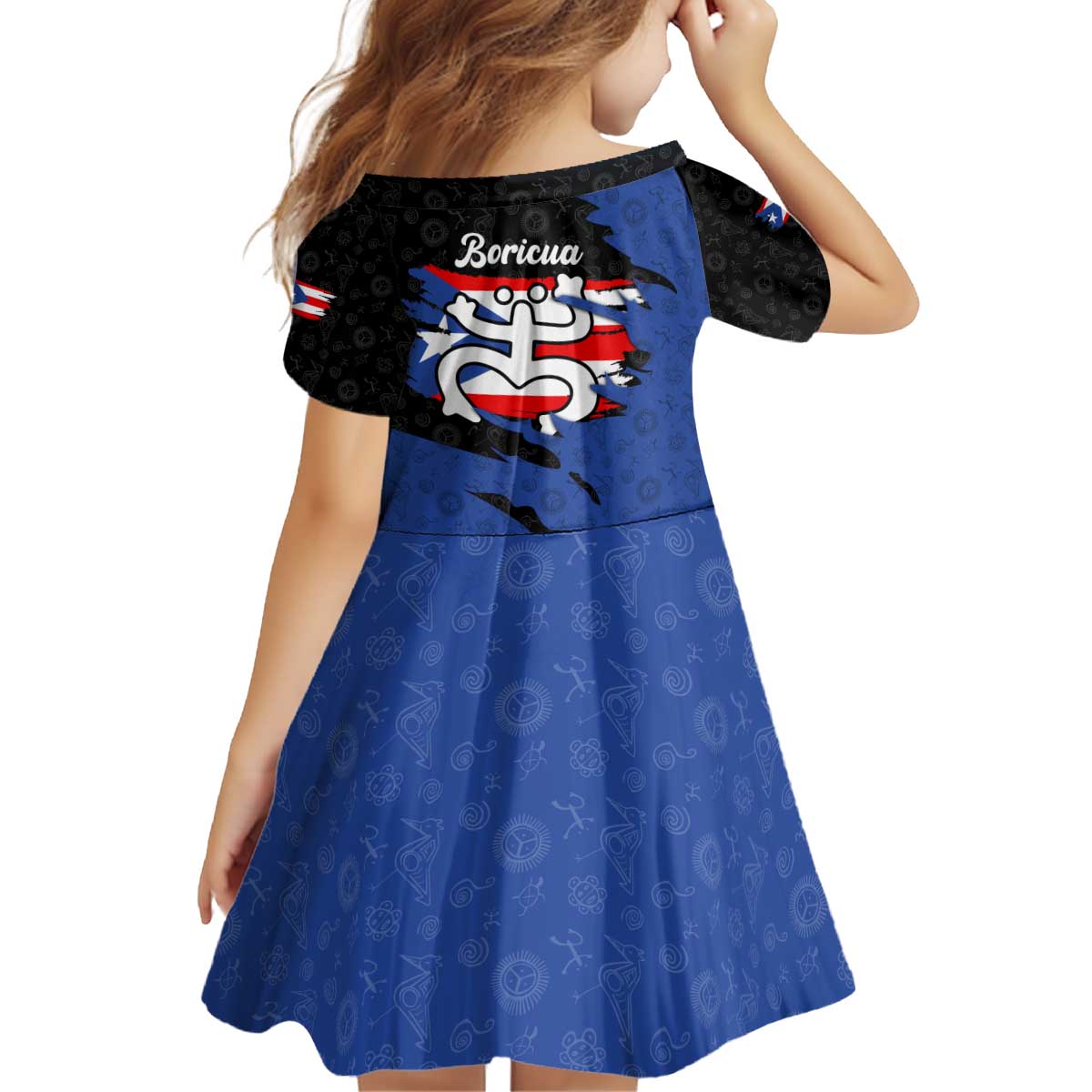 Puerto Rico Kid Short Sleeve Dress with Coqui Frog Symbol and Distressed Flag Design