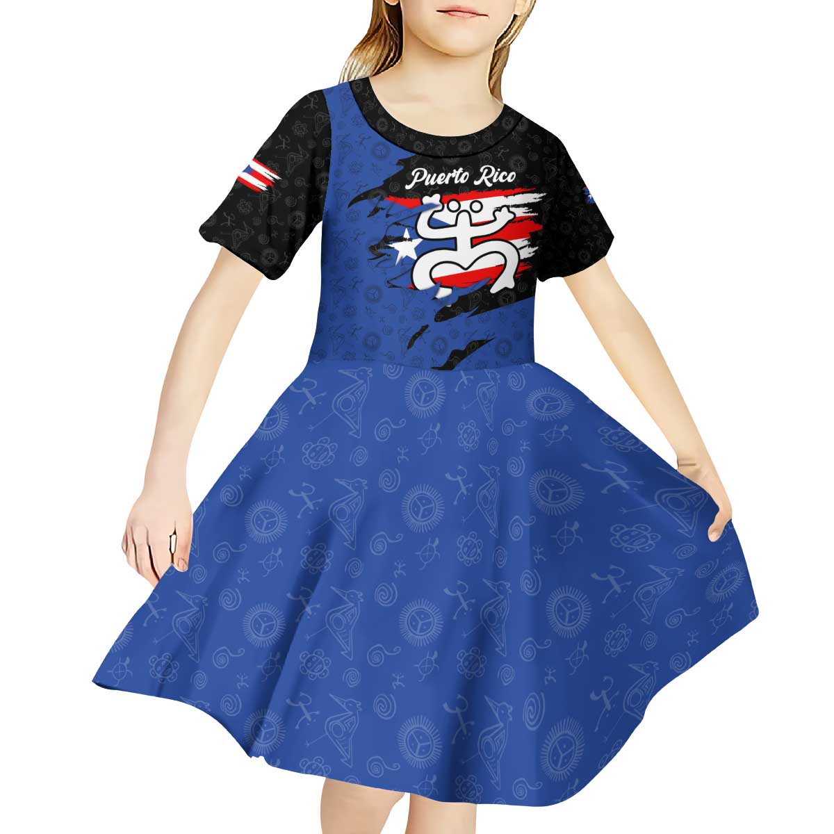 Puerto Rico Kid Short Sleeve Dress with Coqui Frog Symbol and Distressed Flag Design