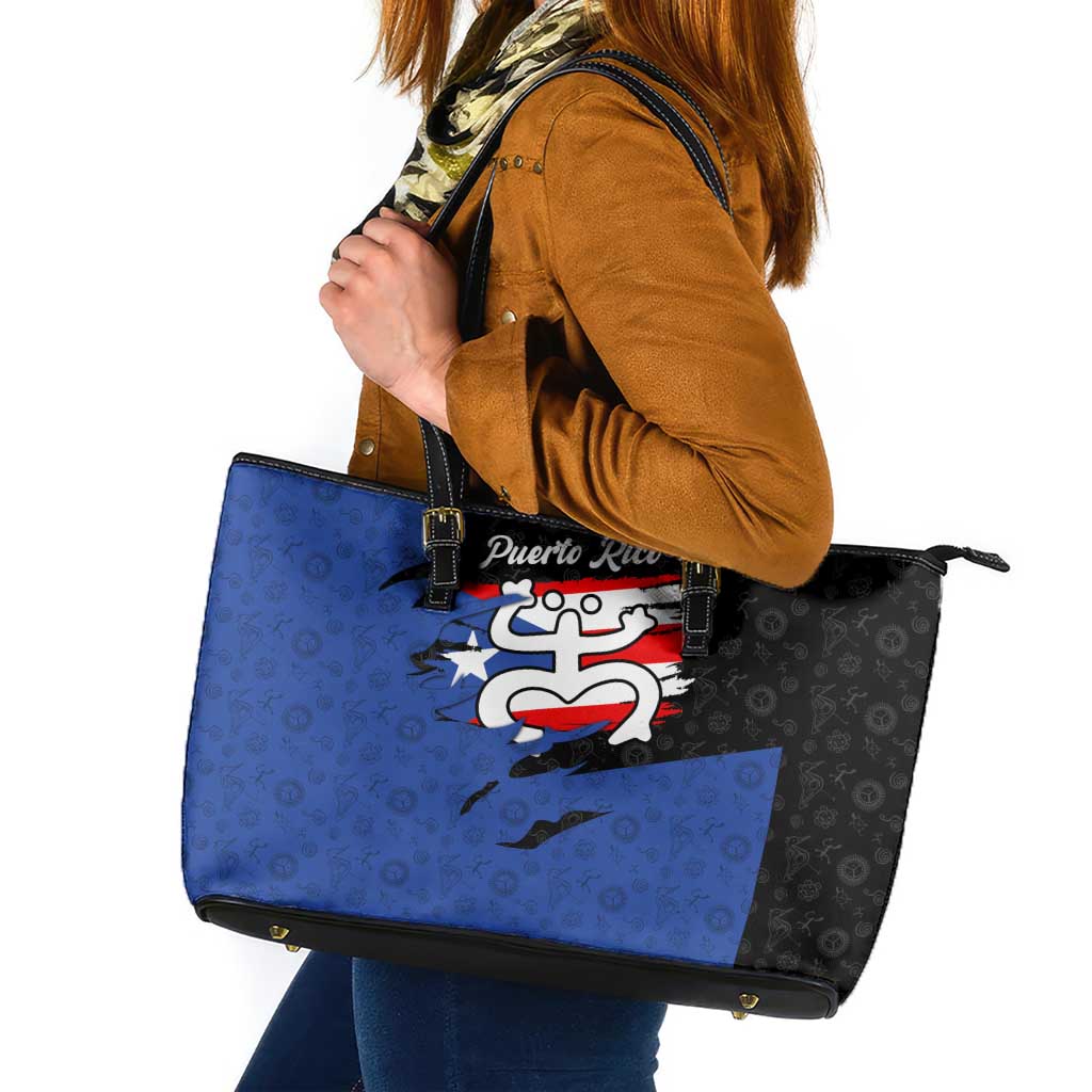 Puerto Rico Leather Tote Bag with Coqui Frog Symbol and Distressed Flag Design