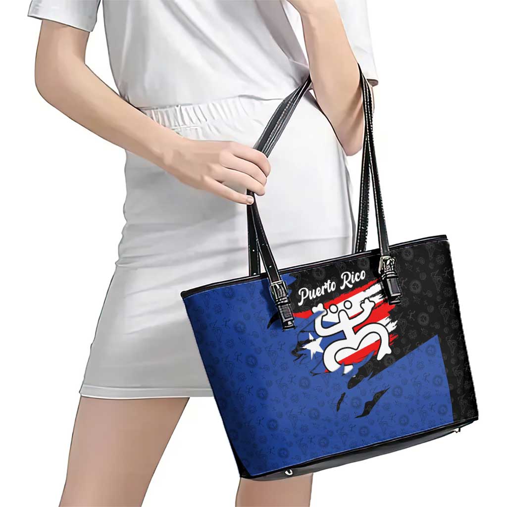 Puerto Rico Leather Tote Bag with Coqui Frog Symbol and Distressed Flag Design