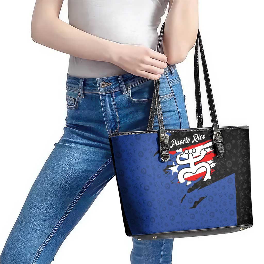 Puerto Rico Leather Tote Bag with Coqui Frog Symbol and Distressed Flag Design