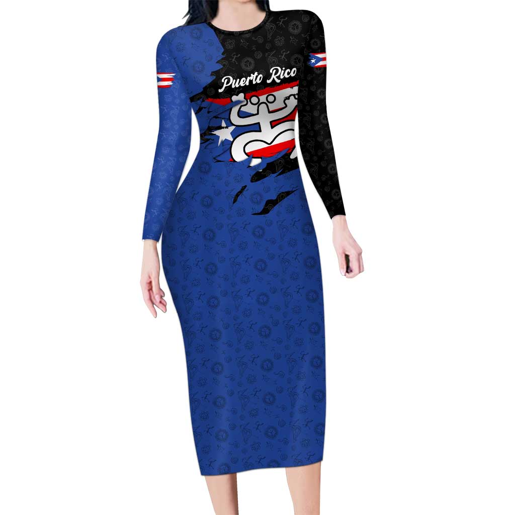 Puerto Rico Long Sleeve Bodycon Dress with Coqui Frog Symbol and Distressed Flag Design