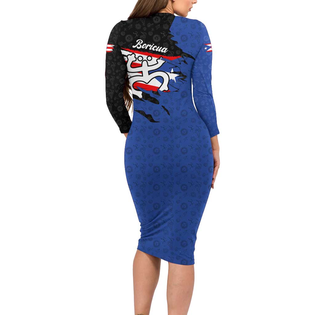 Puerto Rico Long Sleeve Bodycon Dress with Coqui Frog Symbol and Distressed Flag Design