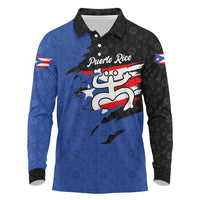 Puerto Rico Long Sleeve Polo Shirt with Coqui Frog Symbol and Distressed Flag Design