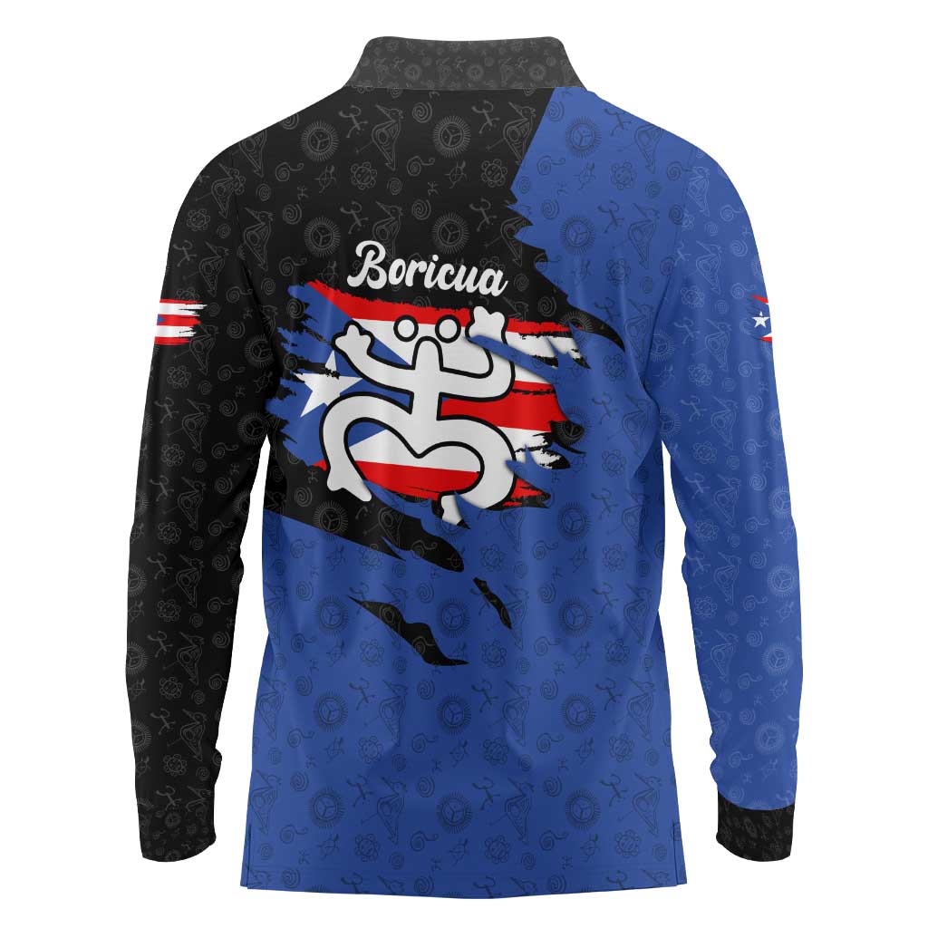 Puerto Rico Long Sleeve Polo Shirt with Coqui Frog Symbol and Distressed Flag Design