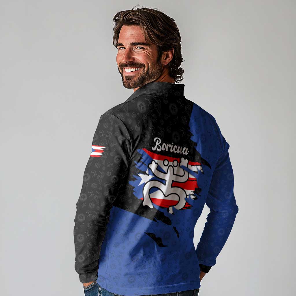 Puerto Rico Long Sleeve Polo Shirt with Coqui Frog Symbol and Distressed Flag Design