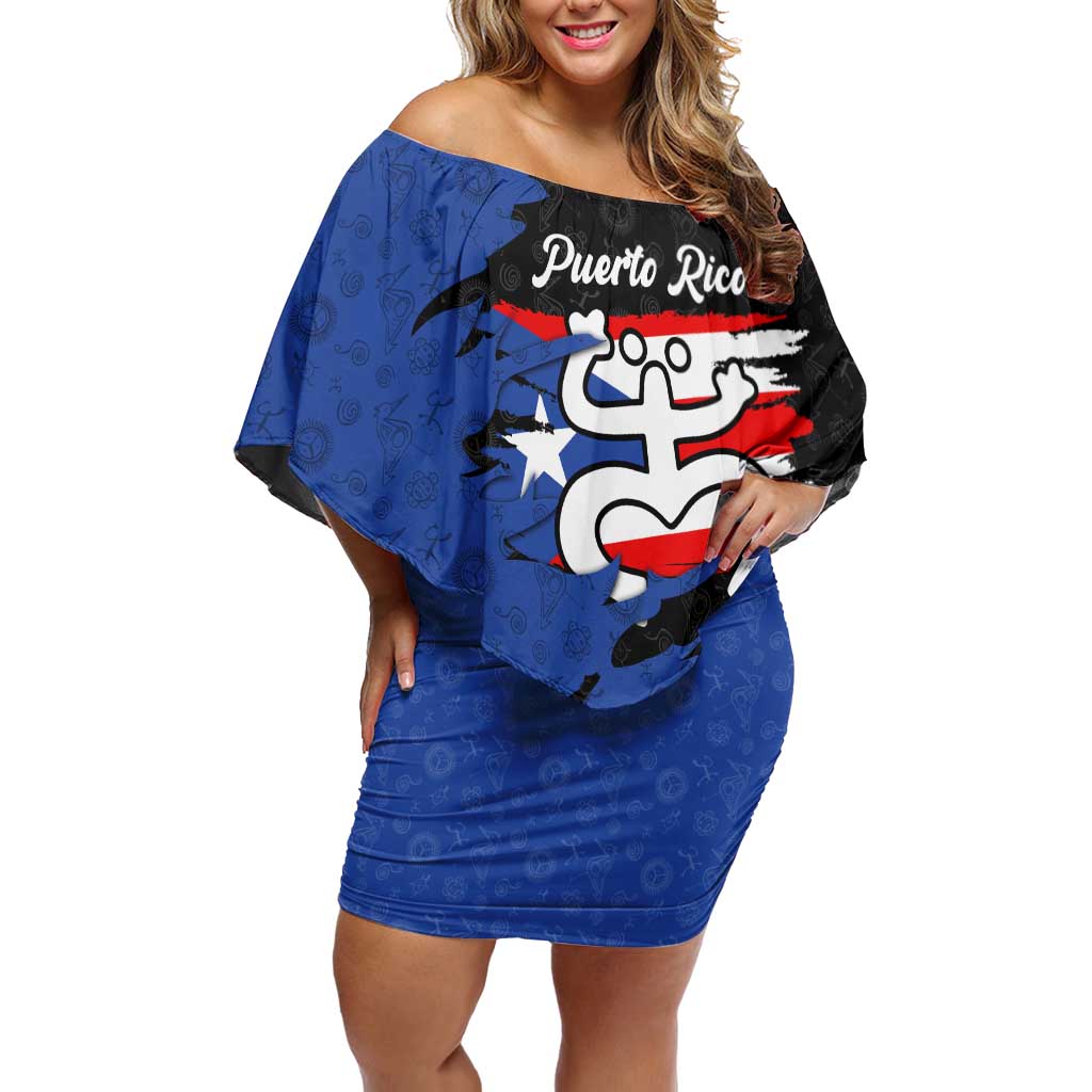 Puerto Rico Off Shoulder Short Dress with Coqui Frog Symbol and Distressed Flag Design