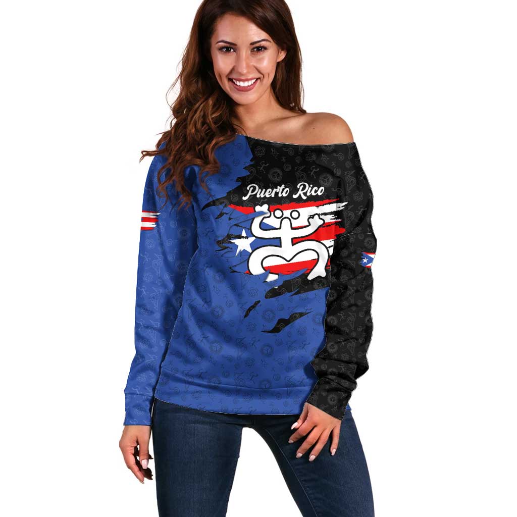 Puerto Rico Off Shoulder Sweater with Coqui Frog Symbol and Distressed Flag Design