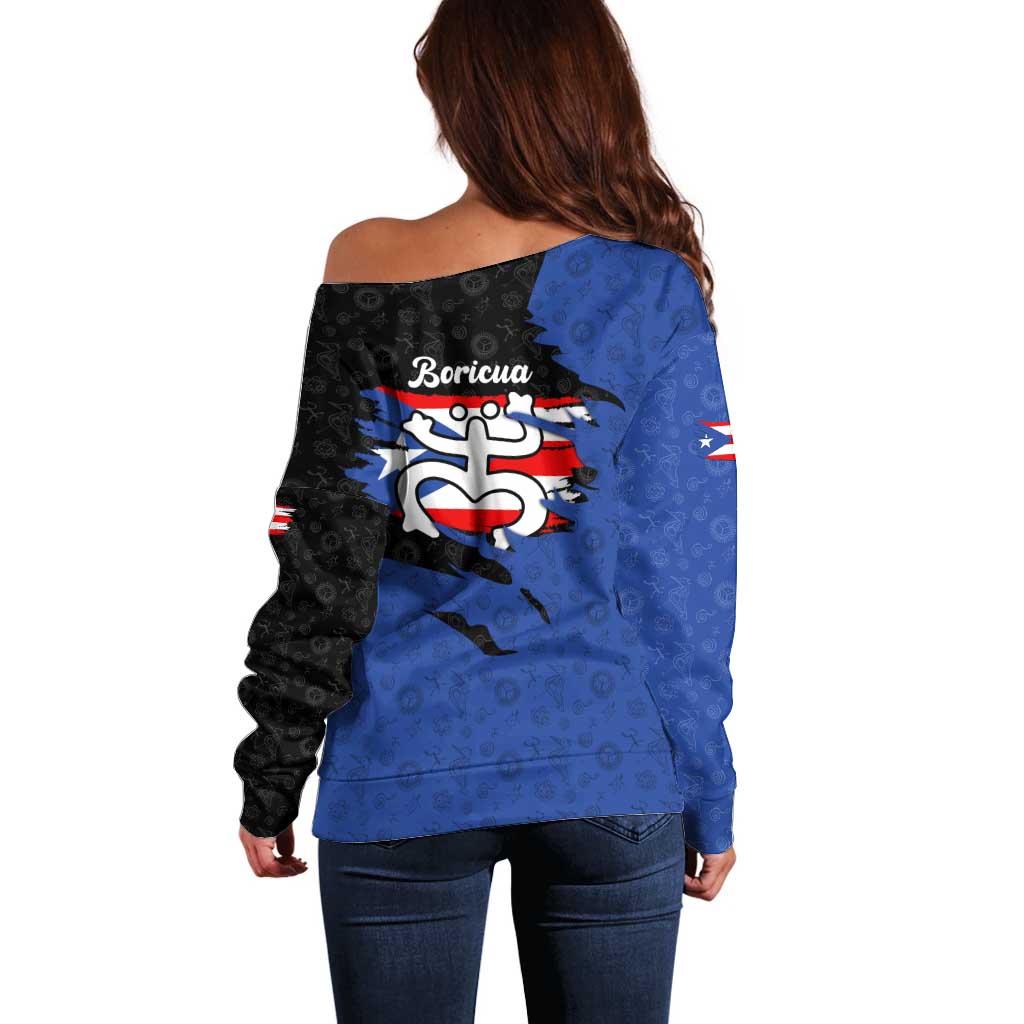 Puerto Rico Off Shoulder Sweater with Coqui Frog Symbol and Distressed Flag Design
