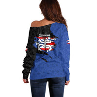 Puerto Rico Off Shoulder Sweater with Coqui Frog Symbol and Distressed Flag Design
