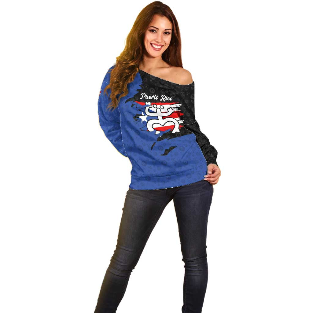 Puerto Rico Off Shoulder Sweater with Coqui Frog Symbol and Distressed Flag Design