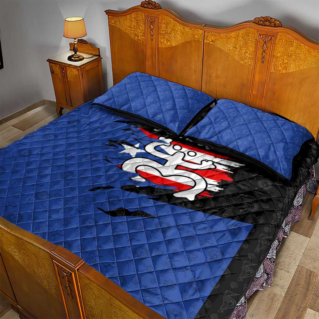 Puerto Rico Quilt Bed Set with Coqui Frog Symbol and Distressed Flag Design