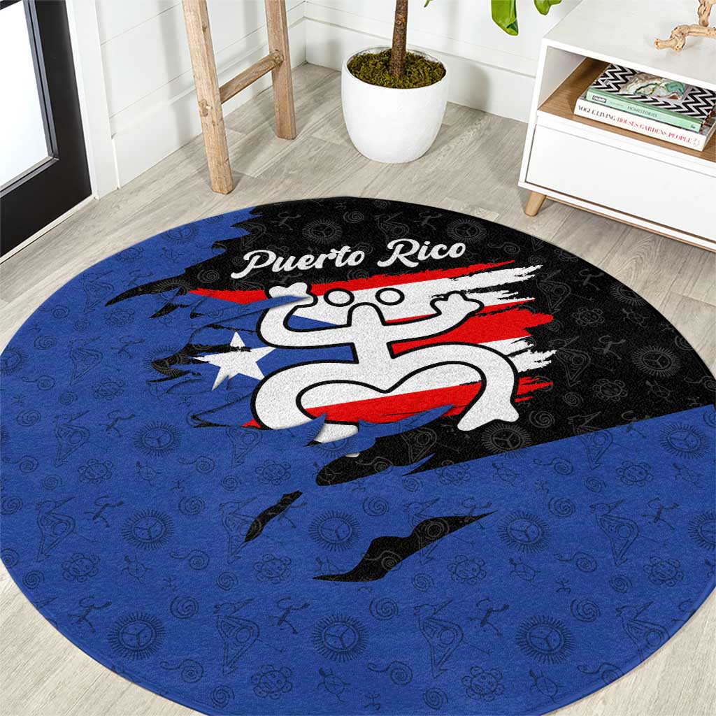 Puerto Rico Round Carpet with Coqui Frog Symbol and Distressed Flag Design