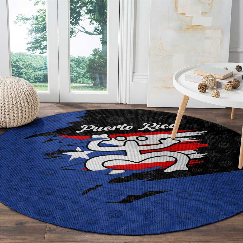 Puerto Rico Round Carpet with Coqui Frog Symbol and Distressed Flag Design
