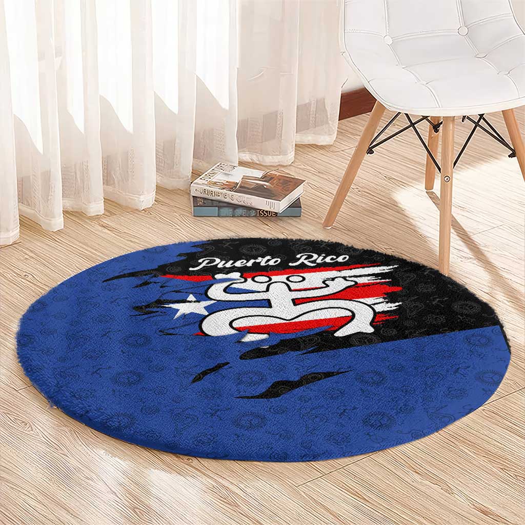Puerto Rico Round Carpet with Coqui Frog Symbol and Distressed Flag Design