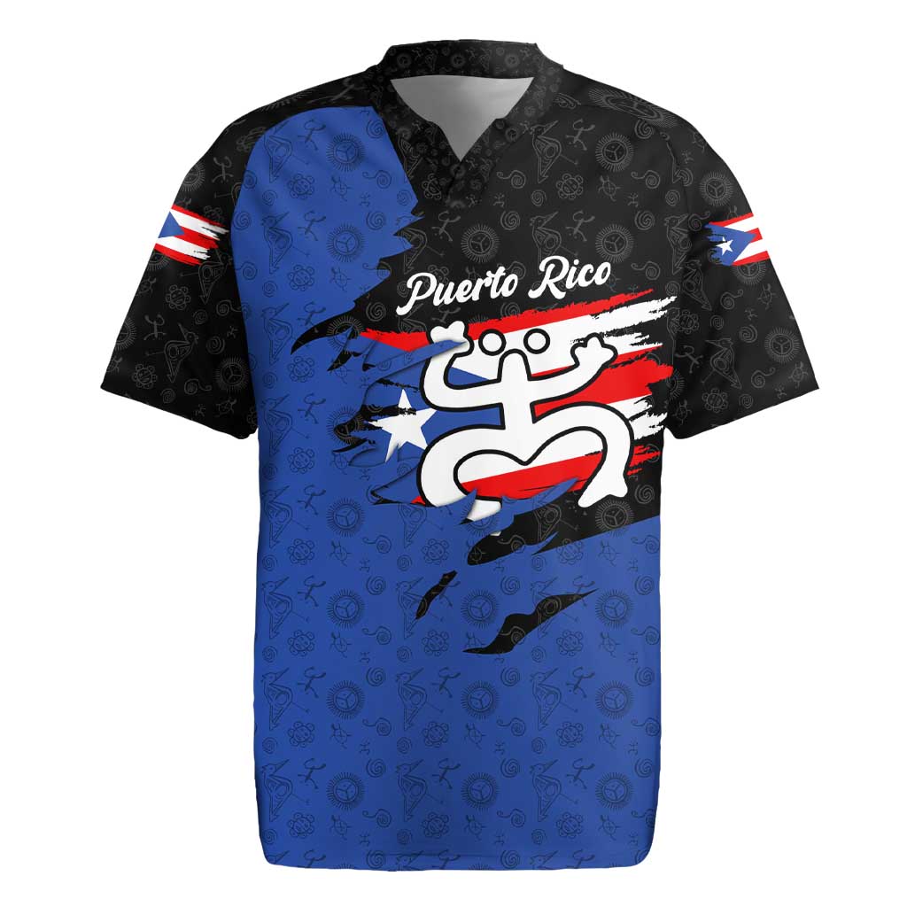Puerto Rico Rugby Jersey with Coqui Frog Symbol and Distressed Flag Design