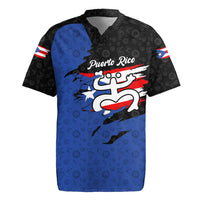 Puerto Rico Rugby Jersey with Coqui Frog Symbol and Distressed Flag Design