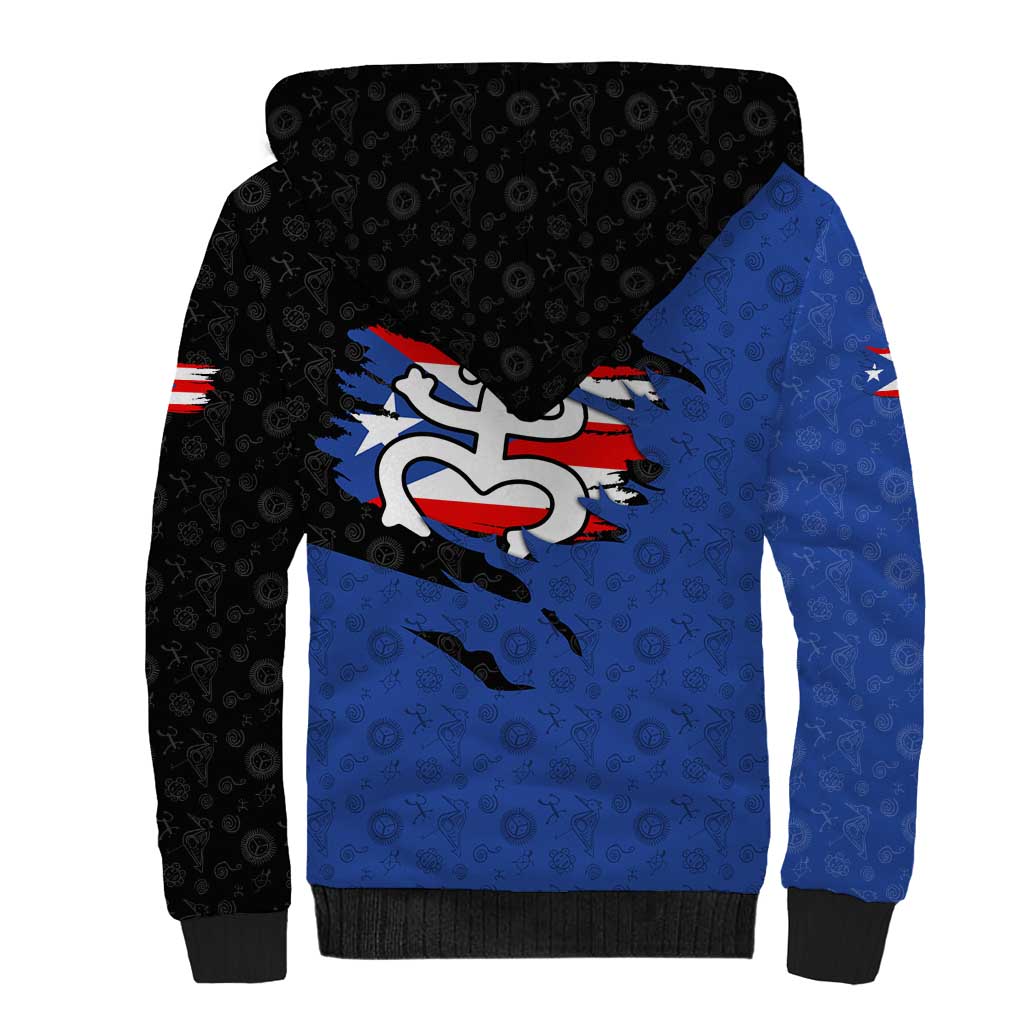 Puerto Rico Sherpa Hoodie with Coqui Frog Symbol and Distressed Flag Design