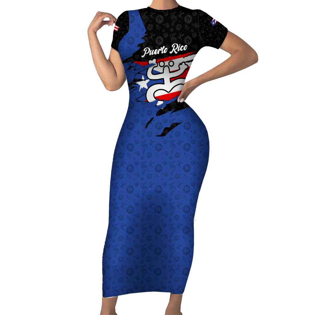 Puerto Rico Short Sleeve Bodycon Dress with Coqui Frog Symbol and Distressed Flag Design