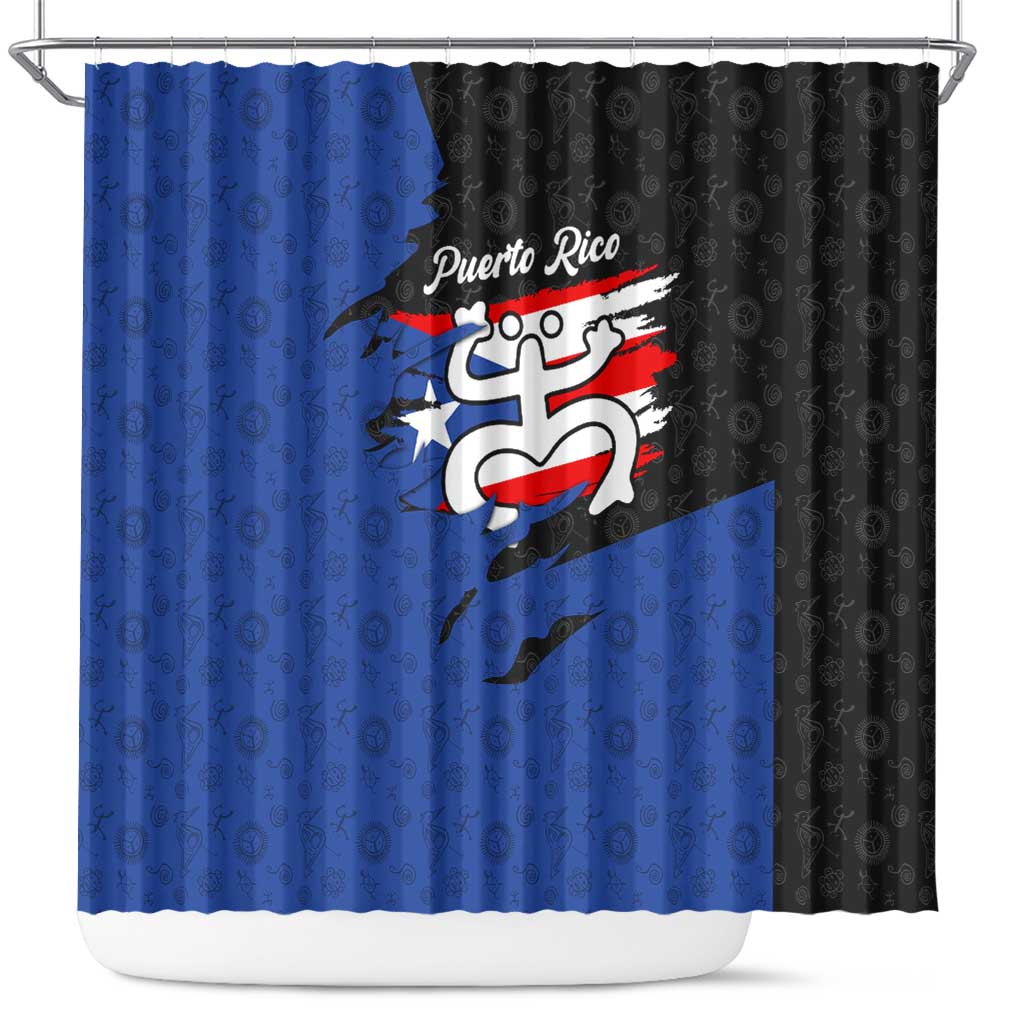 Puerto Rico Shower Curtain with Coqui Frog Symbol and Distressed Flag Design