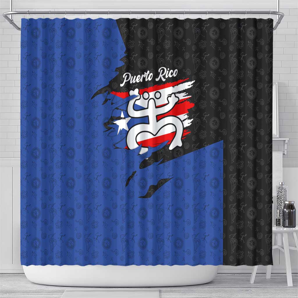 Puerto Rico Shower Curtain with Coqui Frog Symbol and Distressed Flag Design