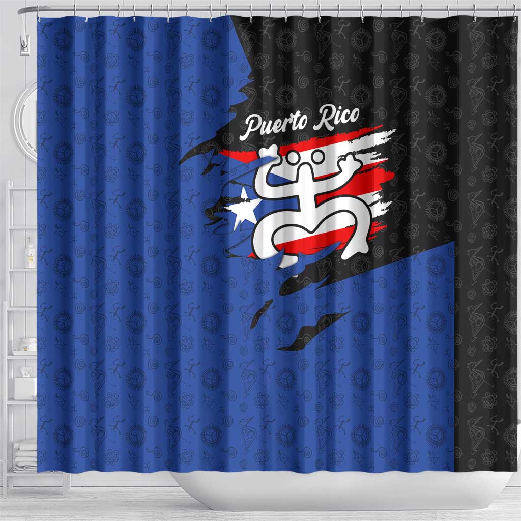 Puerto Rico Shower Curtain with Coqui Frog Symbol and Distressed Flag Design