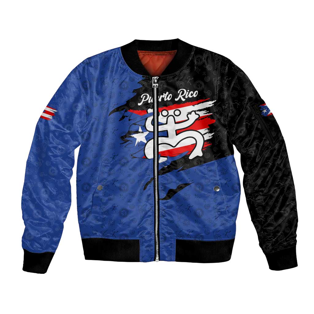Puerto Rico Sleeve Zip Bomber Jacket with Coqui Frog Symbol and Distressed Flag Design