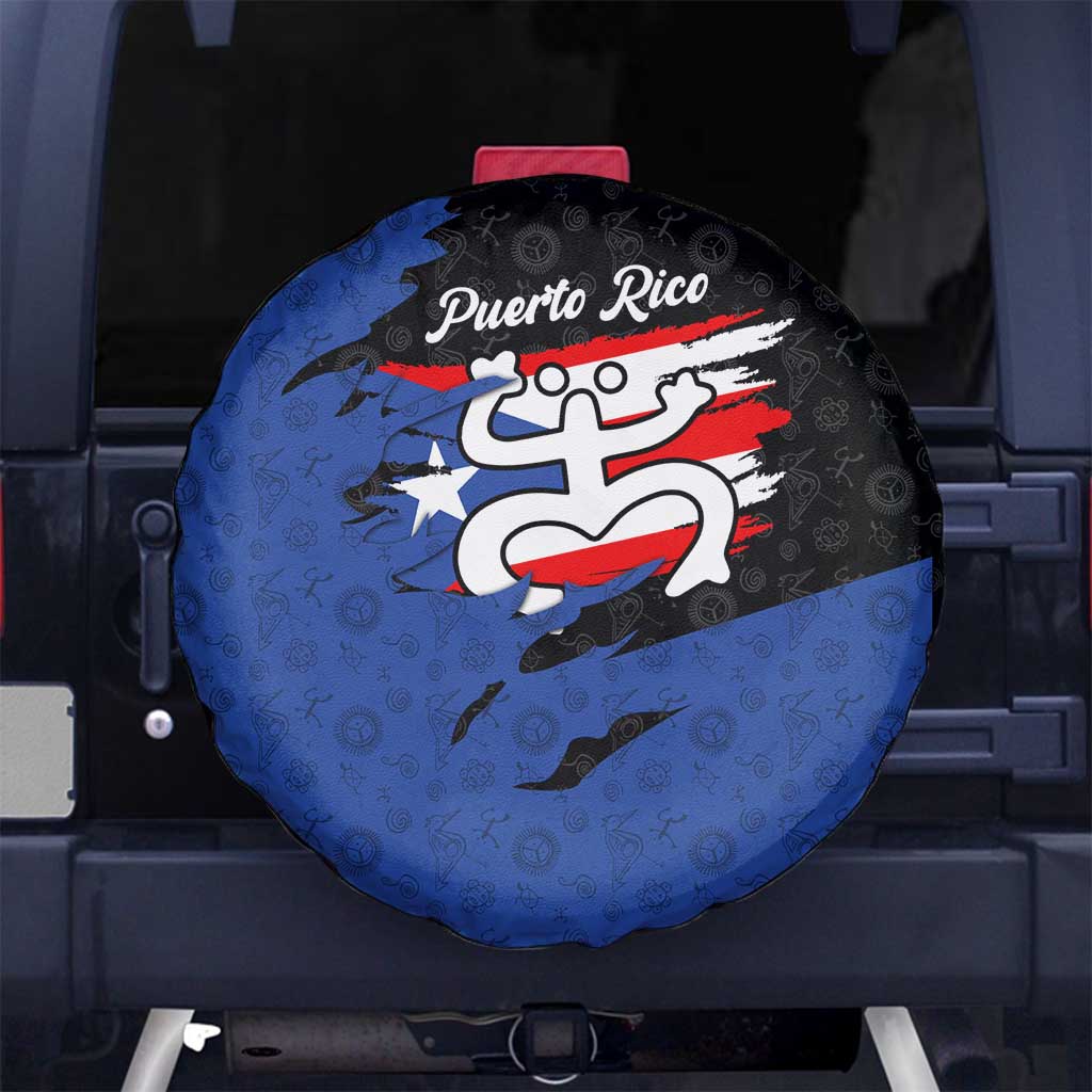 Puerto Rico Spare Tire Cover with Coqui Frog Symbol and Distressed Flag Design